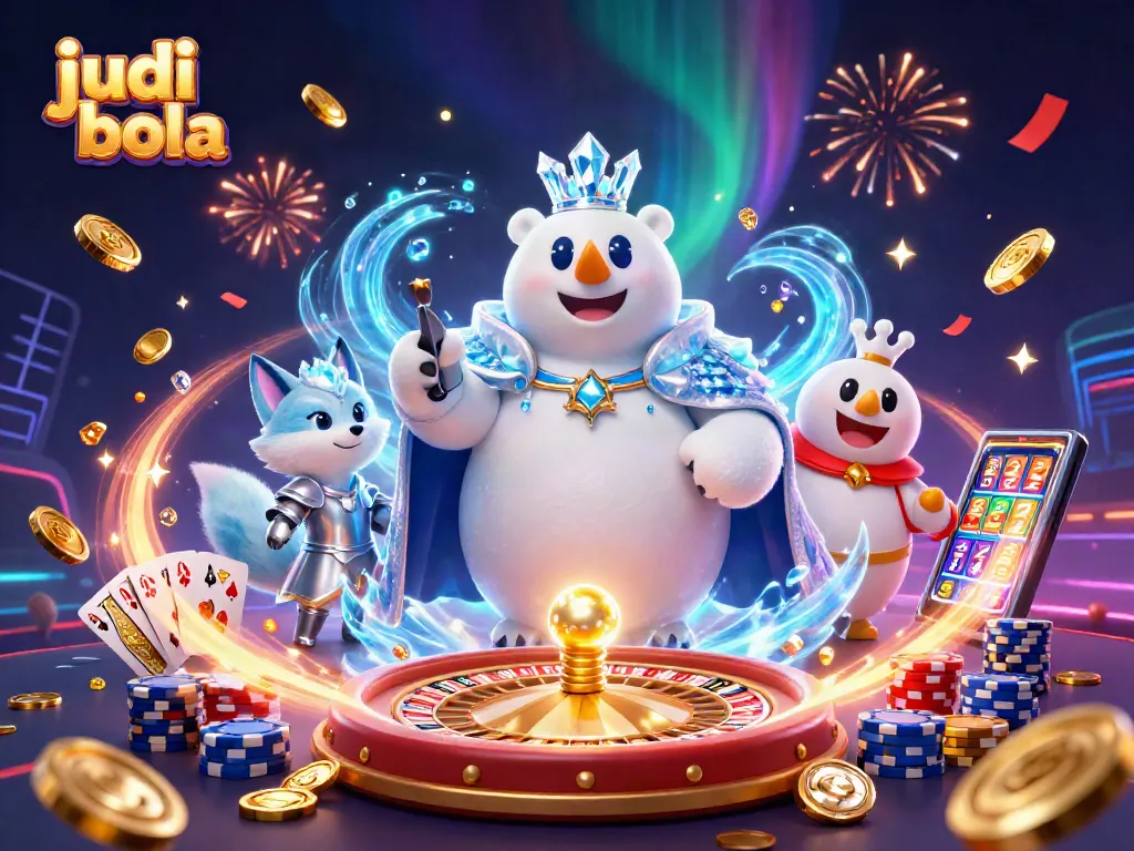 Engage in judi bola with a vibrant 3D scene of a polar bear king and his fox companion, amidst flying coins and dynamic casino elements.