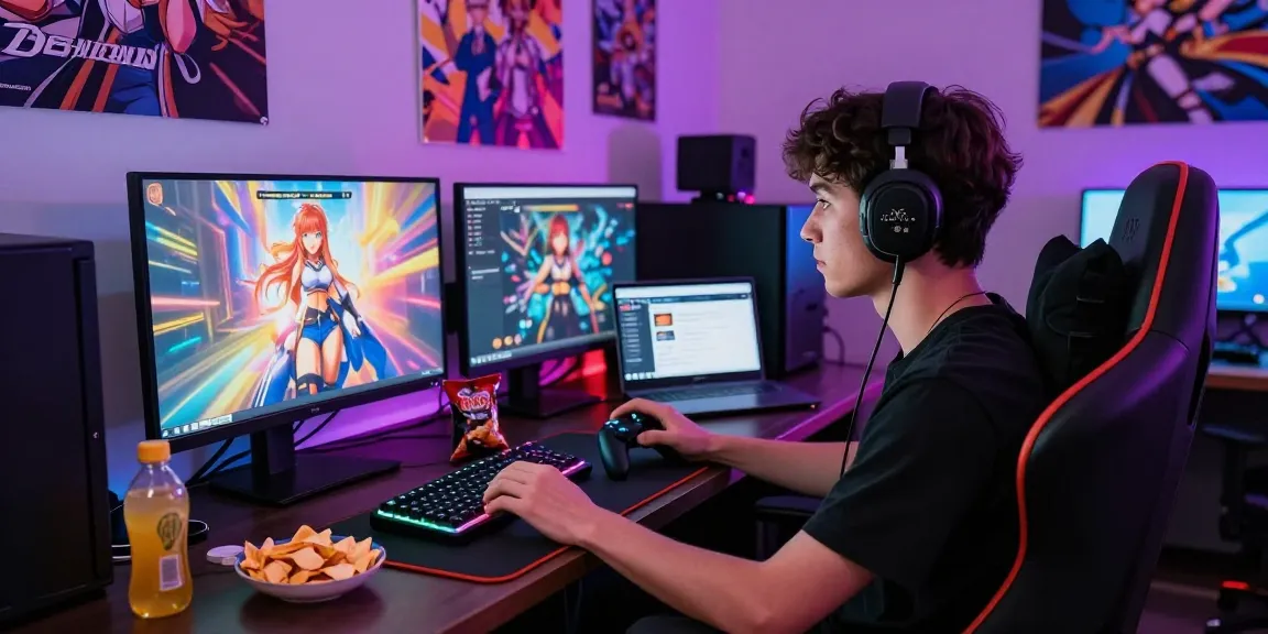 Engaging gamer playing hentai games in a vibrant gaming lounge