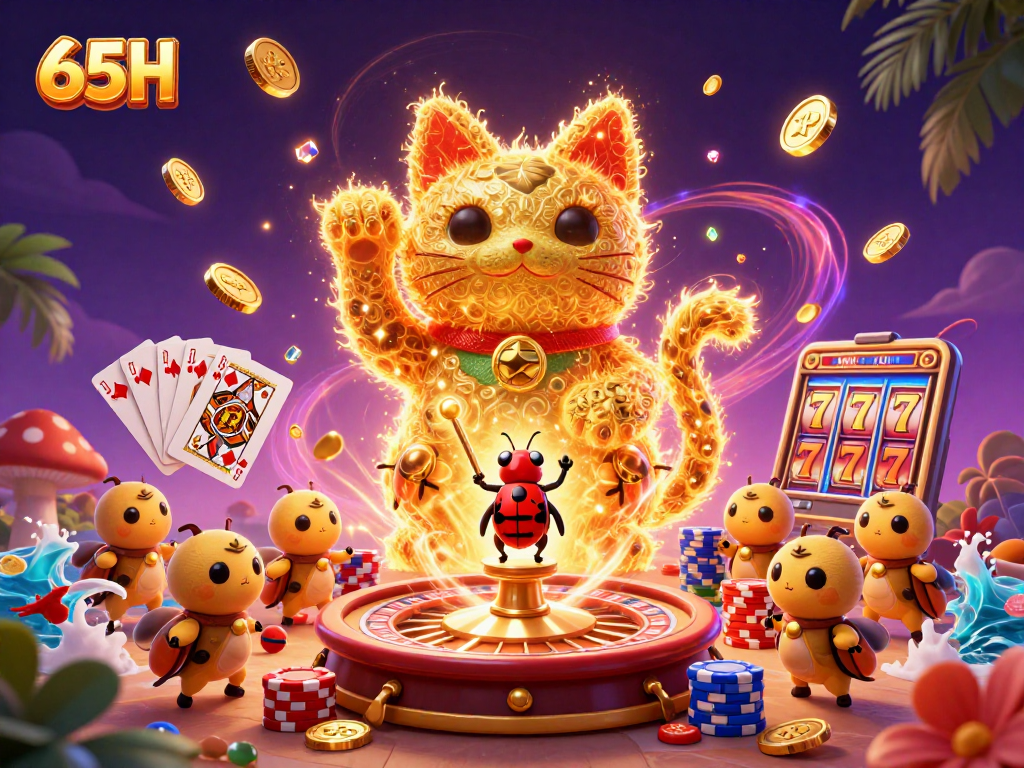 Os fogos-fátuos dourados da 65H formam um gato da sorte em um cassino vibrante.
