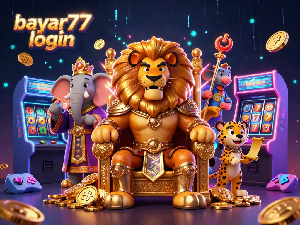 Experience seamless gameplay with bayar77 login, featuring a lion king and arcade game machines.