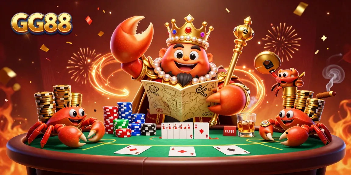 Experience thrilling gameplay with GG88’s vibrant 3D crab-themed casino adventure illustration.