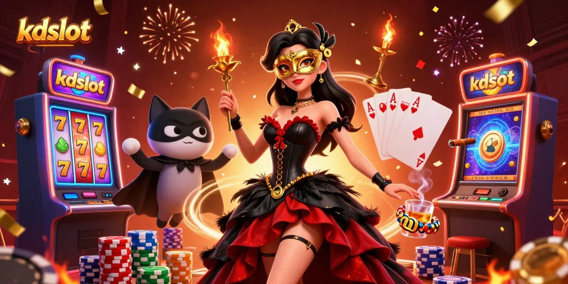Join the action at kdslot with a glamorous 3D casino scene featuring vibrant slot reels and dynamic characters.