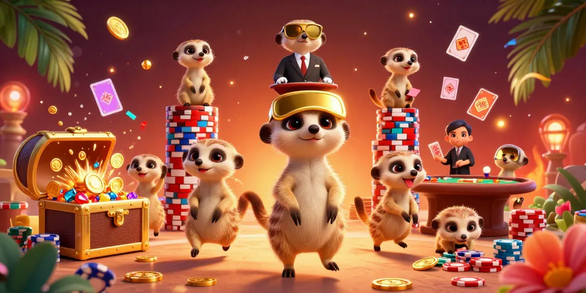 Witness 79king meerkats expertly managing a vibrant casino operation in this dazzling 3D illustration.