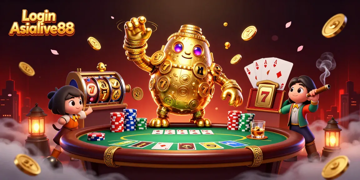 Engage with Login Asialive88 through lively poker games, featuring a golden golem and vibrant casino atmosphere.