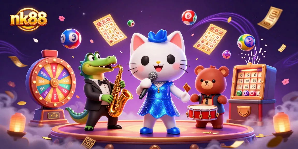 Join the excitement with nk88 as vibrant lottery elements surround a jazz-singer cat and friends.