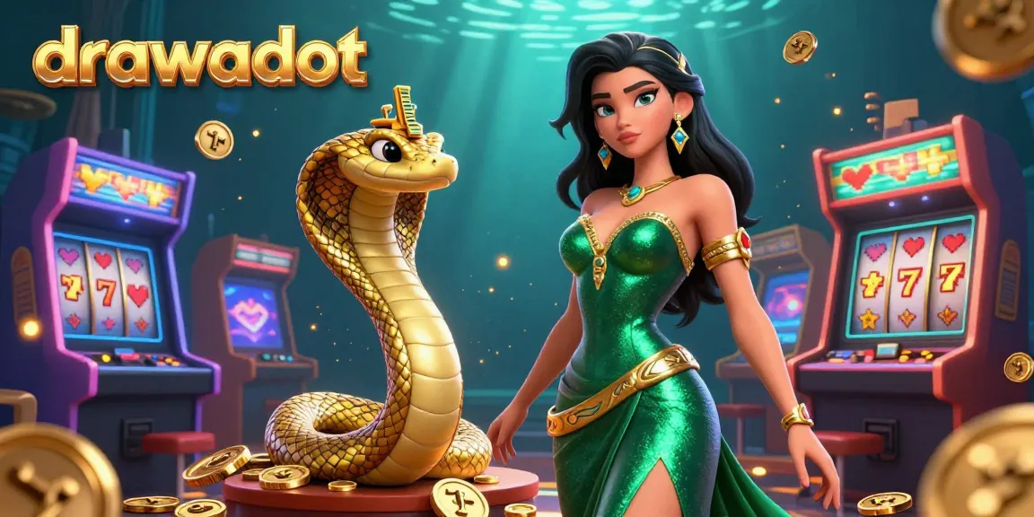 Visualize the excitement with drawadot's 3D gaming scene of slots and golden cobra elements.