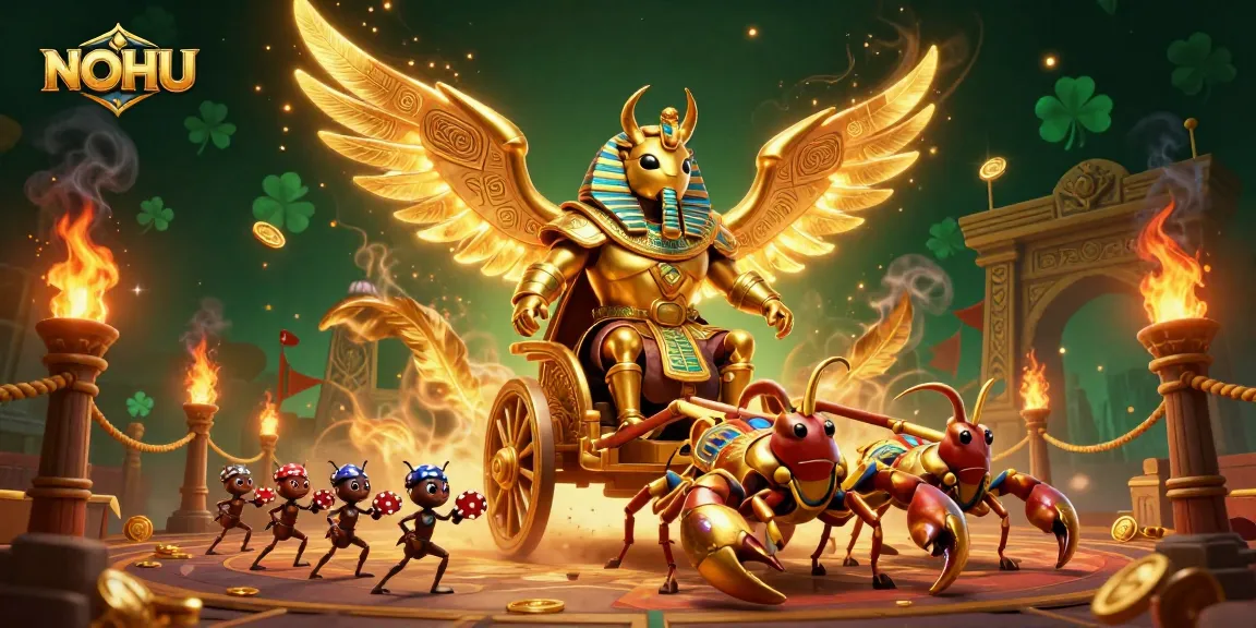 Experience NOHU gaming action with a vibrant 3D illustration featuring a pharaoh beetle and scorpions.