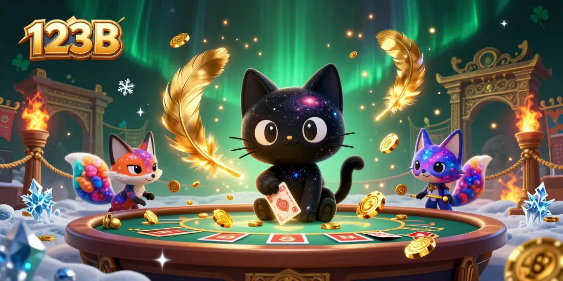 Experience thrilling games at 123B, where a cosmic cat and fox summon luck amidst swirling golden coins.