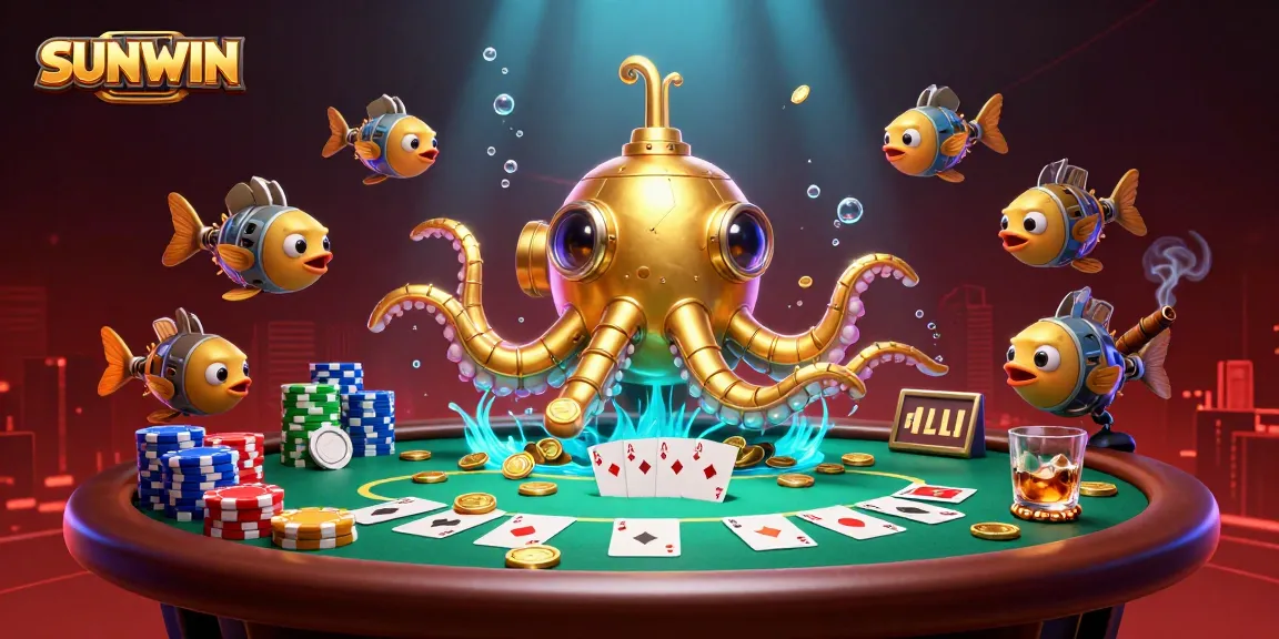 SUNWIN captures excitement with a golden kraken and poker chips, inviting gamblers to play.