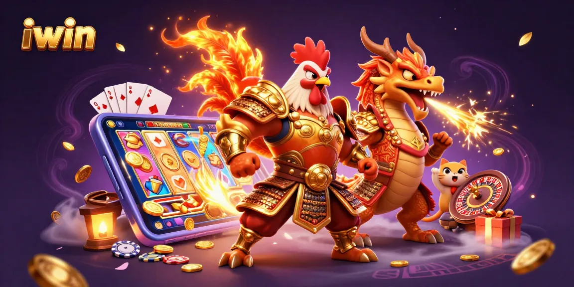 Experience the thrill of iwin gaming with colorful slots and dynamic characters in this vibrant illustration.