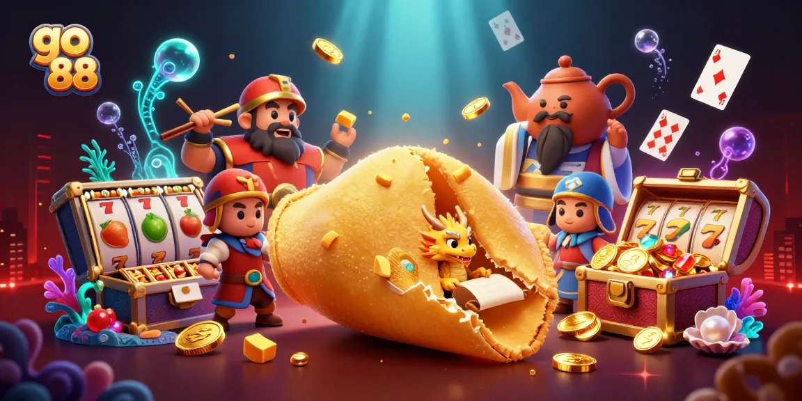 Engage with go 88's exciting gaming scene featuring dynamic characters, slot reels, and vibrant treasures.