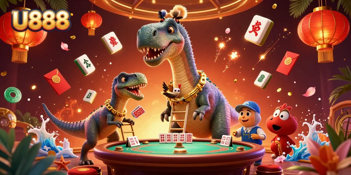 U888 offers thrilling gambling experiences with a playful brontosaurus and clever raptor in a vibrant casino scene.