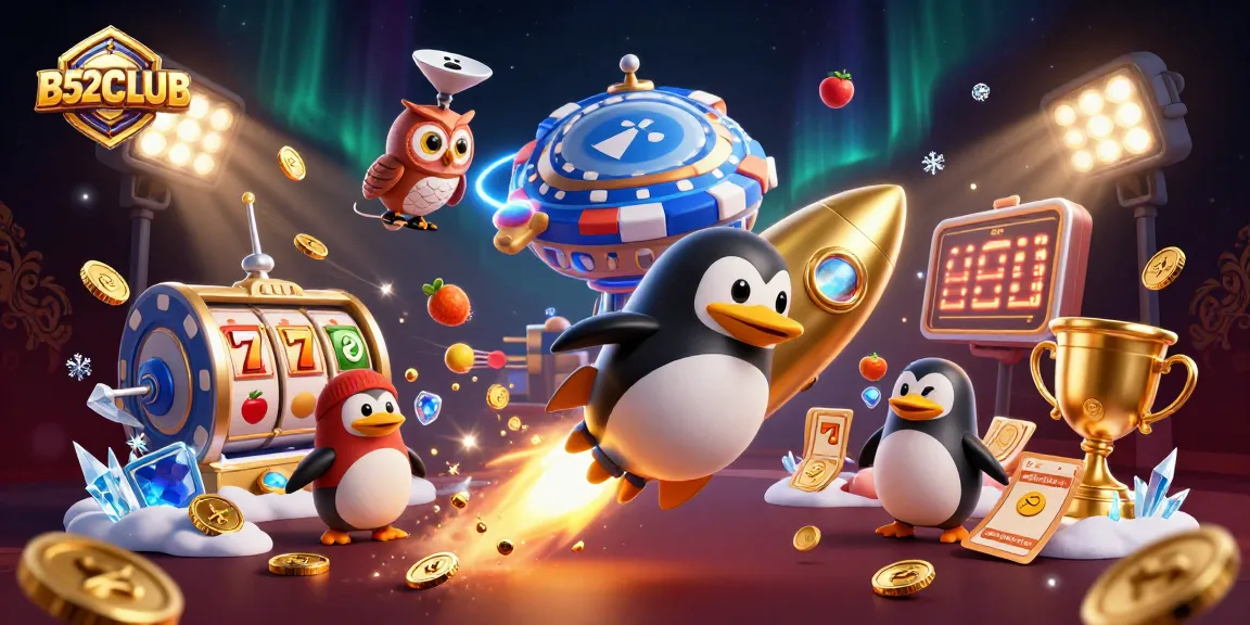 Win big at B52CLUB with a golden penguin blasting through space, showcasing vibrant game elements.