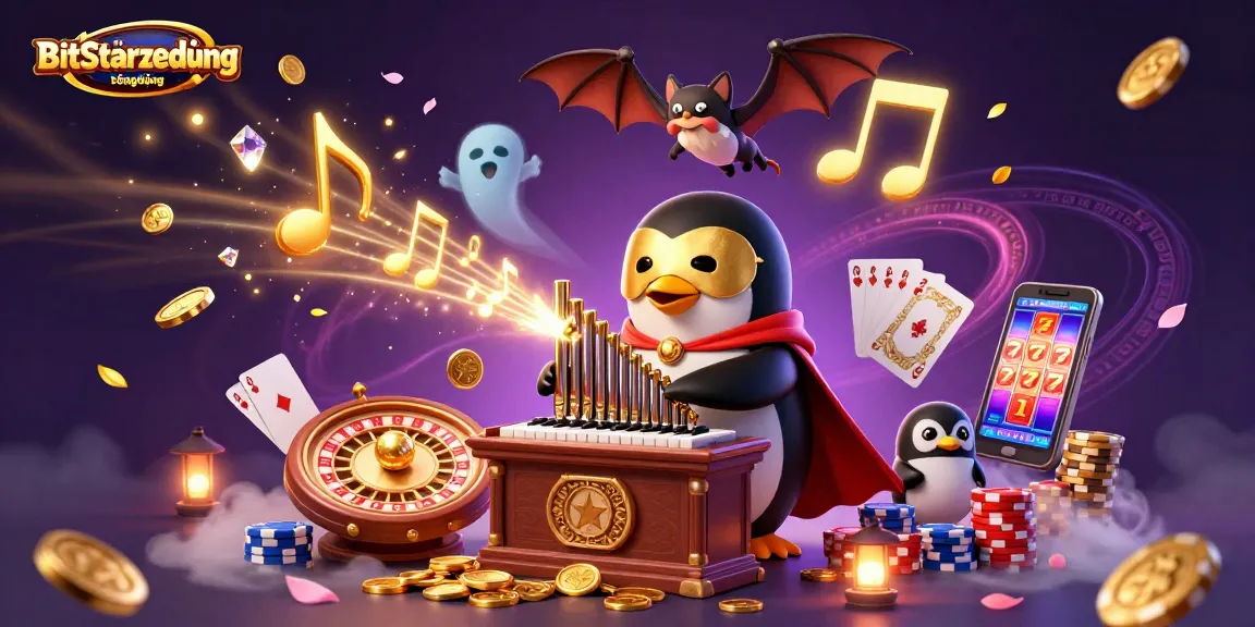 Experience exciting gameplay with BitStarzứngdụng, featuring vibrant elements like spinning roulette and slot reels.
