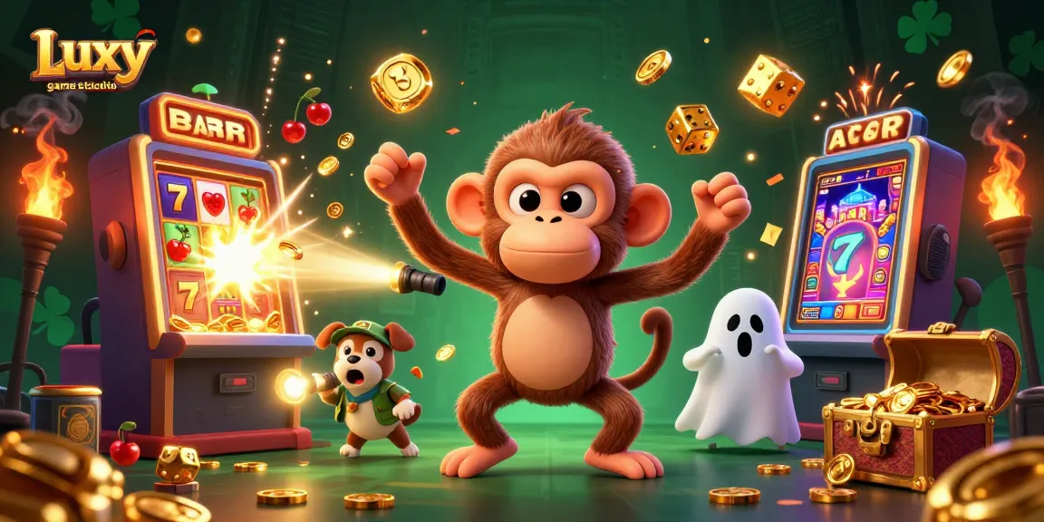 Engage with Luxy game studios in this vibrant scene packed with dynamic casino elements and characters.