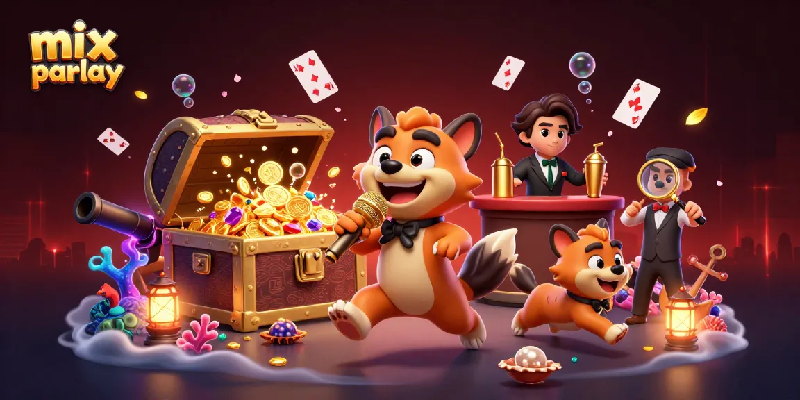 Menghadirkan mix parlay dalam ilustrasi kasino lucu dengan kartun hyena, harta karun dan kartu bermain.