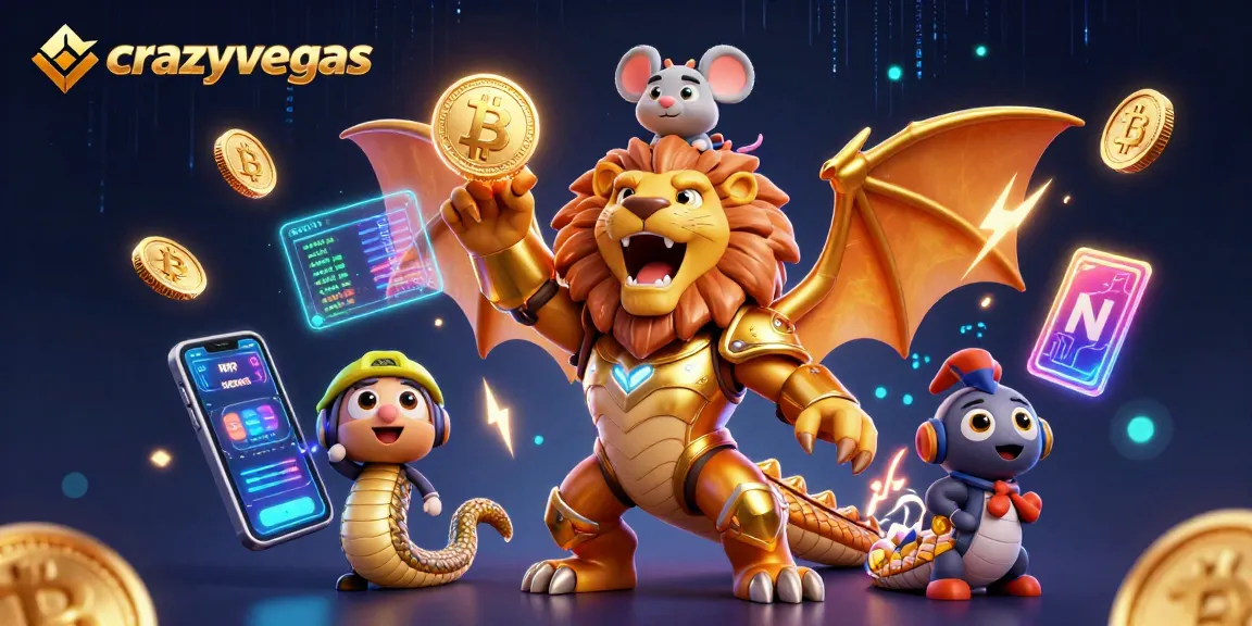 Experience the thrill of crazyvegas as a triumphant chimera roars amidst floating cryptocurrency coins.