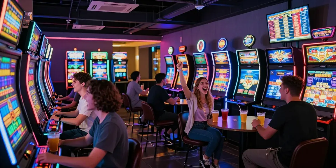 Pengalaman bermain slot gacor di kasino modern dengan suasana ceria dan lampu neon.