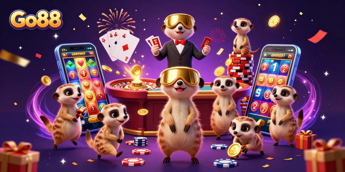 Go88-themed illustration with meerkats running a lively casino packed with dynamic gaming elements.