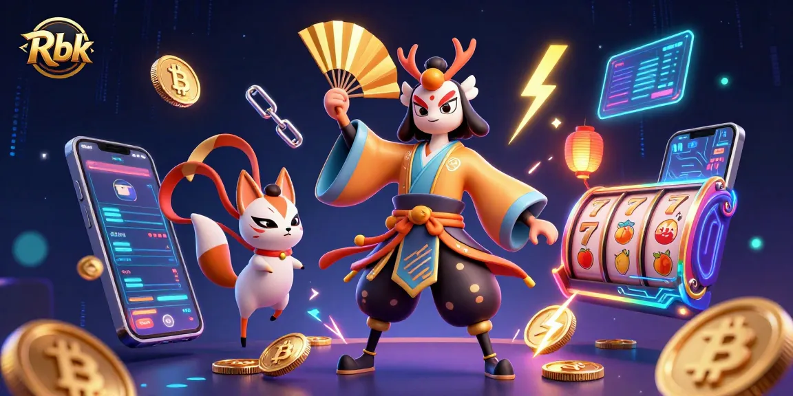 Rbk offers stunning visuals with a kabuki warrior and symbols of luck at a vibrant slot casino.