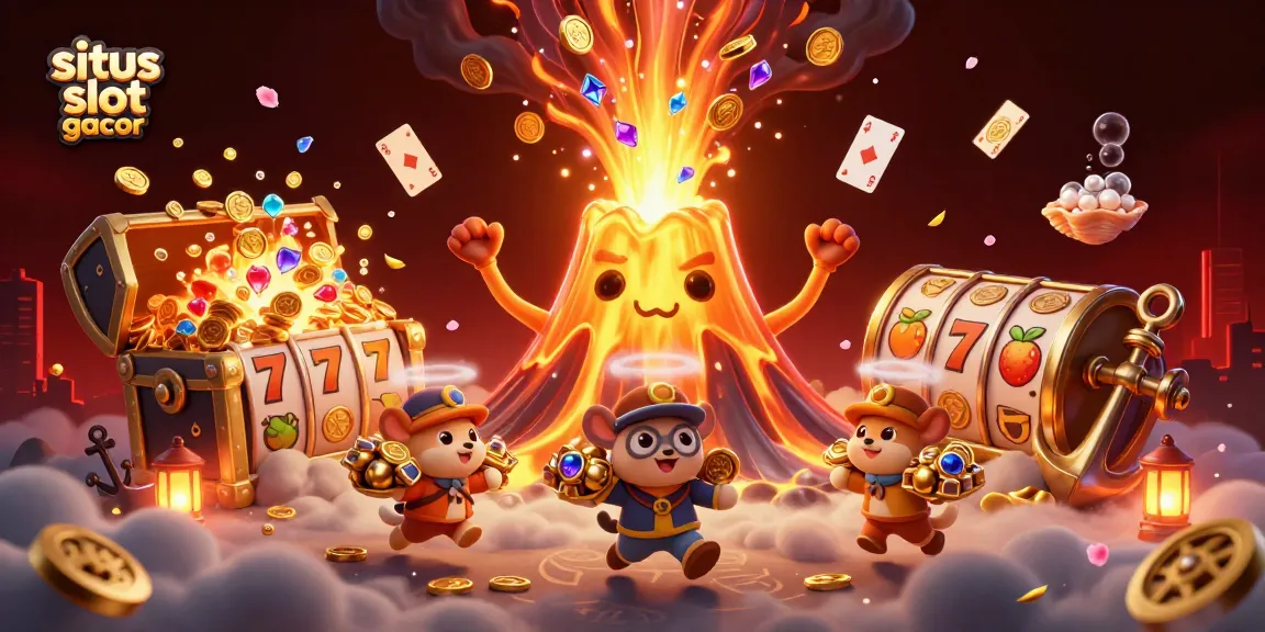 situs slot gacor showcases an erupting volcano shooting coins and gems, a captivating casino fantasy scene.
